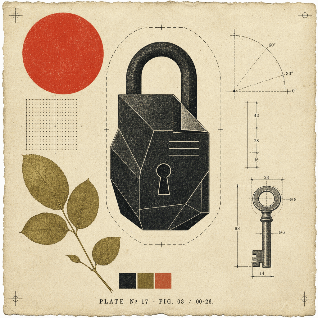 A black faceted padlock fused with a document shape, ringed by a dashed boundary with a key drawn as an engineering diagram, on a warm editorial study plate