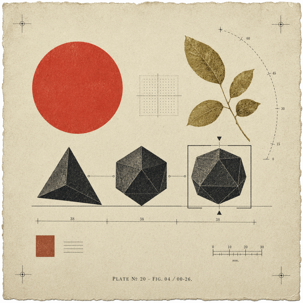 Three black faceted polyhedra on a measured baseline, only one slotted into a bracket frame while the others sit loose, on a warm editorial study plate